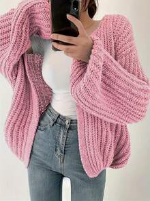 Plus Size Curve Cardigan Sweater Balloon Sleeve Ribbed Knit Textured Plus Size Slouchy Warm Outerwear Autumn Winter Casual Loose Fit Coat Pink - Pink - View 4