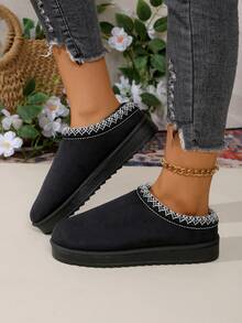 2025年秋冬新款女士毛绒拖鞋，厚底封闭式趾套脚蓬松拖鞋，带毛绒衬里 - 黑色 - 查看 5