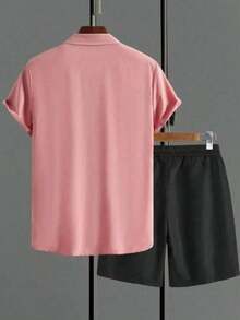 Men's Casual Short-Sleeved Lapel Shorts Set Comfortable Loose Shirt Set - 藕粉色 - 查看 2