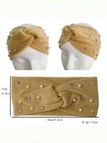 1 pieza Diadema elegante y casual de poliéster con lazo, diadema de invierno con decoración de perlas de moda, accesorio de cabello versátil y vintage con diseño cruzado para mujer en otoño/invierno