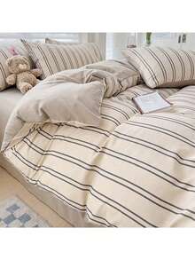 1pc Coffee Striped Duvet Cover (No Filling), Cozy Minimalist Scandinavian Style, Suitable For Single/Twin/Double/Queen Bed In Home/Bedroom/Dormitory, All Seasons - Light Brown Vertical Stripes - View 5