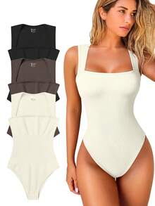 OQQ 3 Piece Bodysuits For Women Sexy Ribbed Strappy Square Neck Stretch Tank Tops Bodysuits - 黑,茶,米 - 查看 1