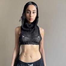 Women Knitted Hoodie Sweater Vest Sleeveless Hollow Out Hooded Crop Top Streetwear Rave Oufit - 黑色 - 查看 8