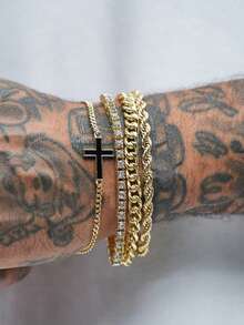 3pcs/4pcs/8pcs Set Men's Stainless Steel Cross & Cubic Zirconia Bracelet, Unisex Business Punk Style For Commute, Campus, Streetwear, Casual Outfit