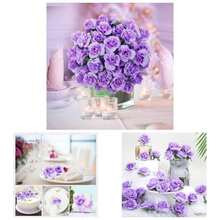 50pcs Pink Roses Artificial Flowers Bulk, 1.6 Small Silk Roses Flower Heads Decoration, Crafts, Wedding Centerpieces Bridal Shower Party Home Decor - Purple - View 1