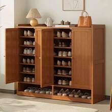 Zapatero bambú y MDF 107cm alto con base abierta y mesa superior diseño moderno resistente multifuncional ideal para almacenamiento de calzado espacio organizador práctico estructura sólida acabado elegante - Marrón - Ver 2