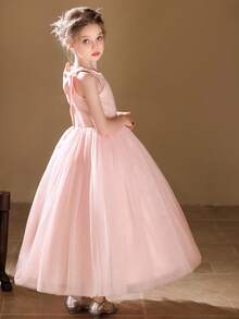 Girls' Long Tulle Skirt With Big Bow, Pink, Suitable For Wedding, Party - Pink - View 8
