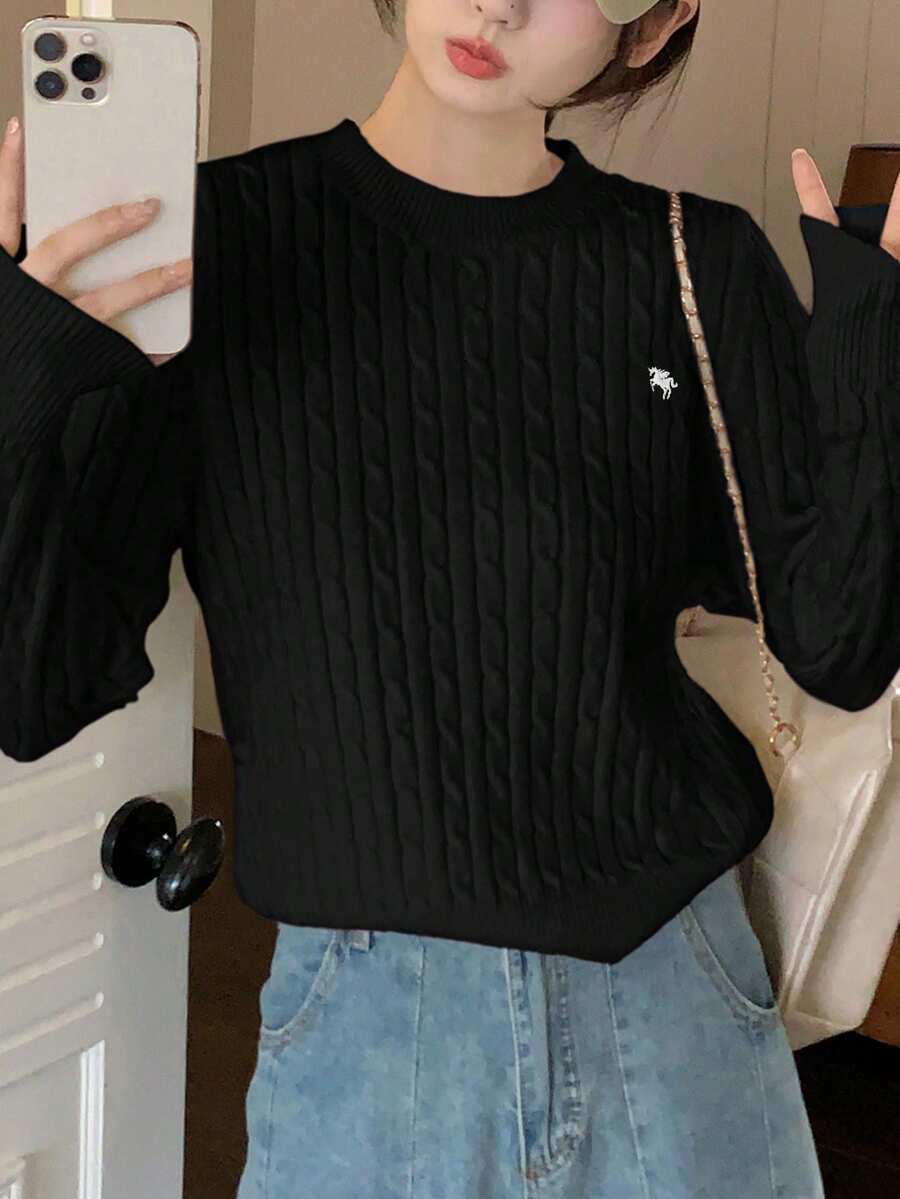 Korean Style Elegant Textured Crew Neck Sweater For Women, Long Sleeve Embroidered Pullover - Black - View 1