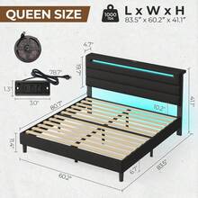 GREENSTELL Modern Platform Bed Frame, Twin/Full/King/Queen Size Bed Frame * Upholstered Headboards, With LED Lights & USB Charging Station, Easy Assembly, Bedroom Decor - 黑色 - 查看 10