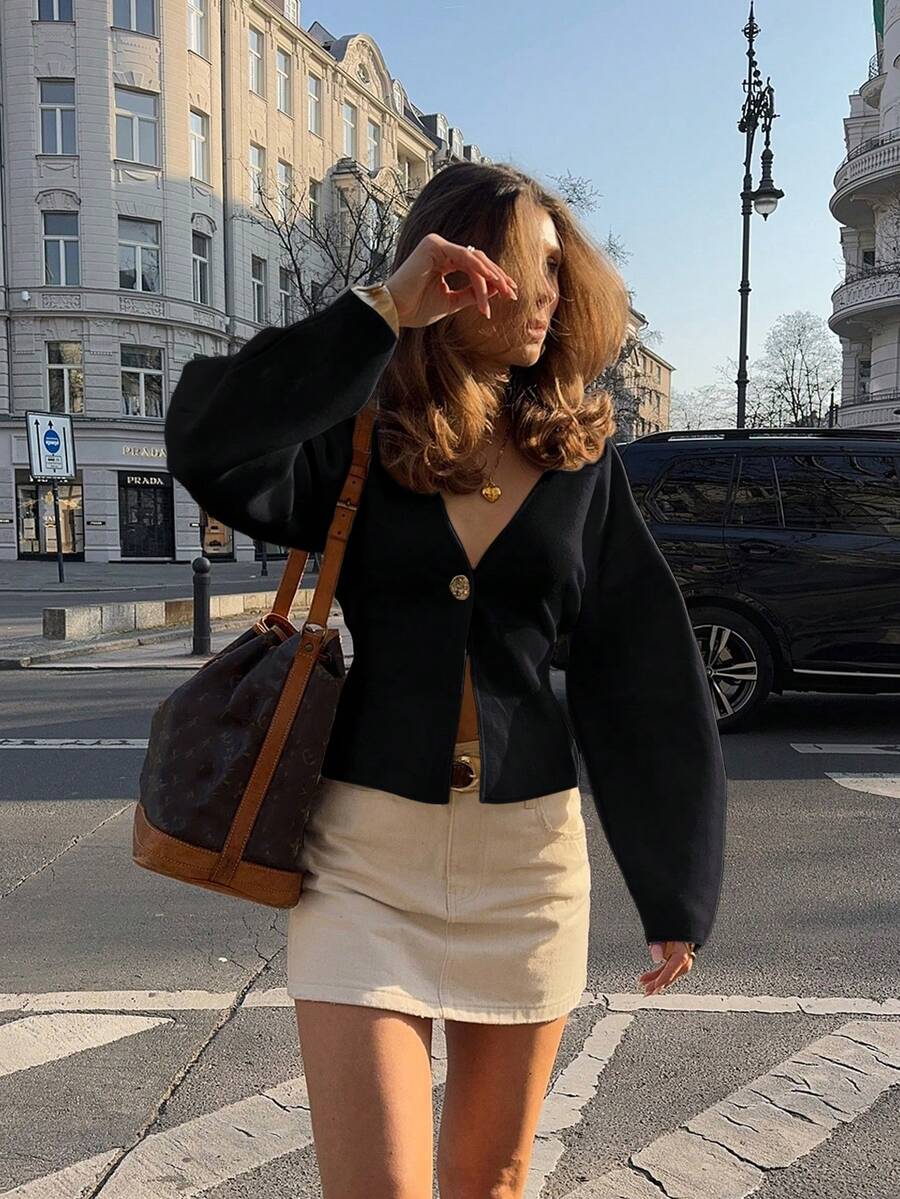 Áo khoác cardigan nữ dáng rộng màu trơn, thanh lịch, kiểu dáng đường phố, cài cúc kim loại, tay dài, cổ chữ V, cài một hàng khuy, màu trắng, thích hợp cho Ngày Valentine, sinh nhật, du lịch biển, hòa nhạc.