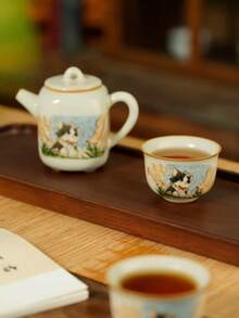 1/2件中国汝窑可爱猫咪茶杯，坐猫图案外沿小圆杯，个人马克杯，小容量水杯，适合农历新年送礼，拜访亲朋好友，茶友收藏 - 彩色 - 查看 4