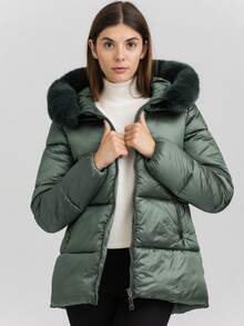 女士常规袖长袖连帽羽绒服，休闲冬季穿搭 - 墨綠色 - 查看 1