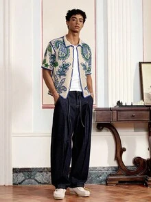 SWAVVY 男士腰果花图案宽松 Polo 领短袖针织上衣，街头潮流 - 彩色 - 查看 3
