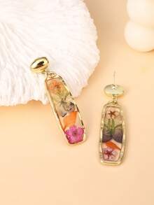 一对时尚多色干花树脂效果矩形吊坠耳环，精致百搭，适合女性佩戴，适合度假、派对和日常佩戴。实物干花与图片略有差异 - 彩色 - 查看 6