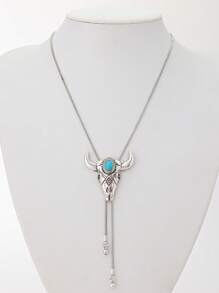 1pc Western Cowboy Style Turquoise Adjustable Snake Chain Necklace With Bull Head Pendant, Unisex - Necklace - View 8