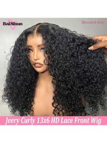 200% 密度 13x6 高清透明蕾丝前假发杰瑞卷发假发人发混合头发预拔婴儿头发女士假发 13x6 卷发鲍勃假发深卷发巴西处女人发混合头发自然发际线轻盈透气 200% 密度自然颜色女士自然发际线自然外观 - 自然色&黑色系 - 查看 2