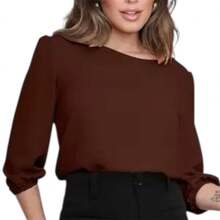 Elegant Women's Formal Blouse With 3/4 Sleeves And Elastic Wrist And Button On The Back. Comfortable. - Rust Brown - View 1