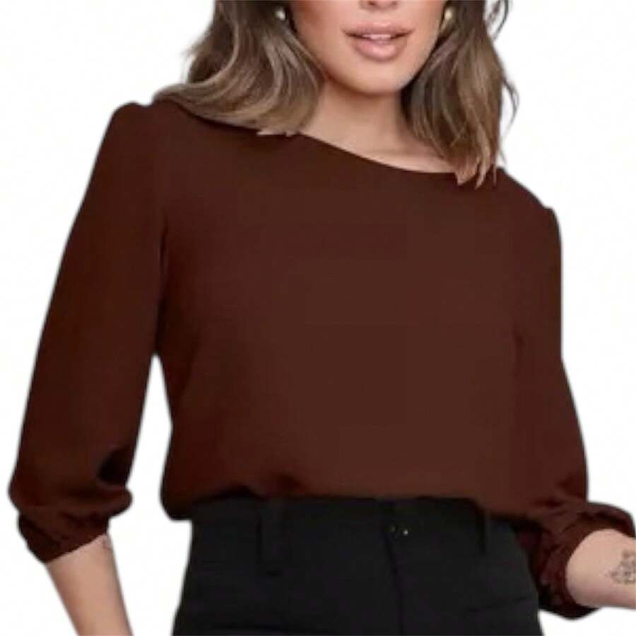 Elegant Women's Formal Blouse With 3/4 Sleeves And Elastic Wrist And Button On The Back. Comfortable. - Rust Brown - View 1
