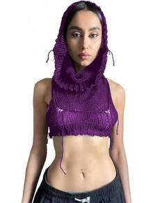 Women Knitted Hoodie Sweater Vest Sleeveless Hollow Out Hooded Crop Top Streetwear Rave Oufit - 紫色 - 查看 3