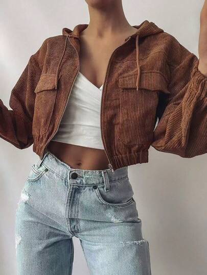 Women's Brown Corduroy Zip - Up Hooded Jacket, Chic And Elegant Fall Outerwear