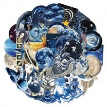 50pcs Blue Space Theme Stickers, Planet Stickers, Cartoon Stickers, Decorative Stickers, Waterproof Vinyl Stickers, Laptop Stickers Set, Skateboard Stickers, Water Bottle Stickers, Notebook Stickers - Multicolor - View 1