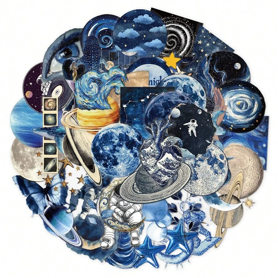 50pcs Blue Space Theme Stickers, Planet Stickers, Cartoon Stickers, Decorative Stickers, Waterproof Vinyl Stickers, Laptop Stickers Set, Skateboard Stickers, Water Bottle Stickers, Notebook Stickers - Multicolor - View 1