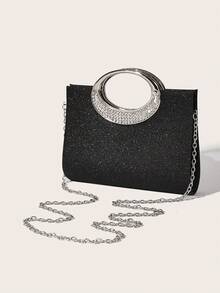 AIBBYDAR Women's Evening Bag, Black Fashion Ladies Handbag With Artificial Diamond Decor, Ring Handle, Suitable For Evening Dress, Portable Cosmetic Bag & Wallet, Detachable Metal Shoulder Strap, For Party, Wedding, Lightweight Polyester, Magnetic Closure - Black - View 6