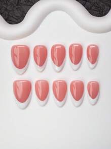 Set de 10 piezas de puntas de uñas en forma de almendra estilo Y2K "baddie", color nude y blanco con diseño de borde francés, adecuado para fiestas, bailes y uso diario, incluye kit de herramientas, gran regalo para mujeres y niñas - Multicolor - Ver 2