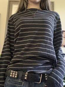 Women Y2K Striped Long Sleeve Shirt Fairy Grunge Baggy Tee Shirts Teen Girls Fall Vintage Harajuku Streetwear - Xám - Xem 2