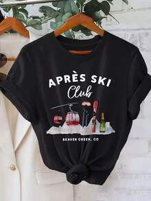 Camiseta con estampado gráfico del club de après-ski para mujeres - Diseño de Beaver Creek CO con elevadores de esquí y tablas de snowboard, camiseta casual de manga corta con cuello redondo para primavera y verano, lavable a máquina, equipo de esquí, ropa de verano, camiseta con tema de aventura, ropa para todas las estaciones - Negro - Ver 1