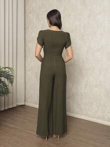 Women's Jumpsuit In Plain Marrant, Pocket, Pantaloons With Petal Sleeves, Simple Pocket Office - 墨綠色 - 查看 3