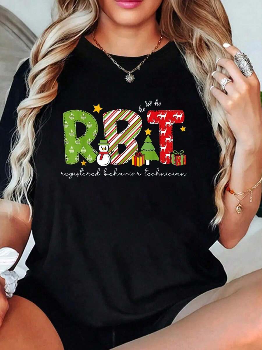 100% Cotton RBT Christmas Registered Behavior Technician ABA Teacher T-Shirt Outfits For Women - màu đen - Xem 1