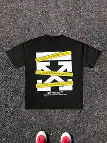 Men's Short Sleeve Casual Shirt, Urban Style Printed T-Shirt, Black And Yellow Arrow Design, Summer Look - 黑色 - 查看 1