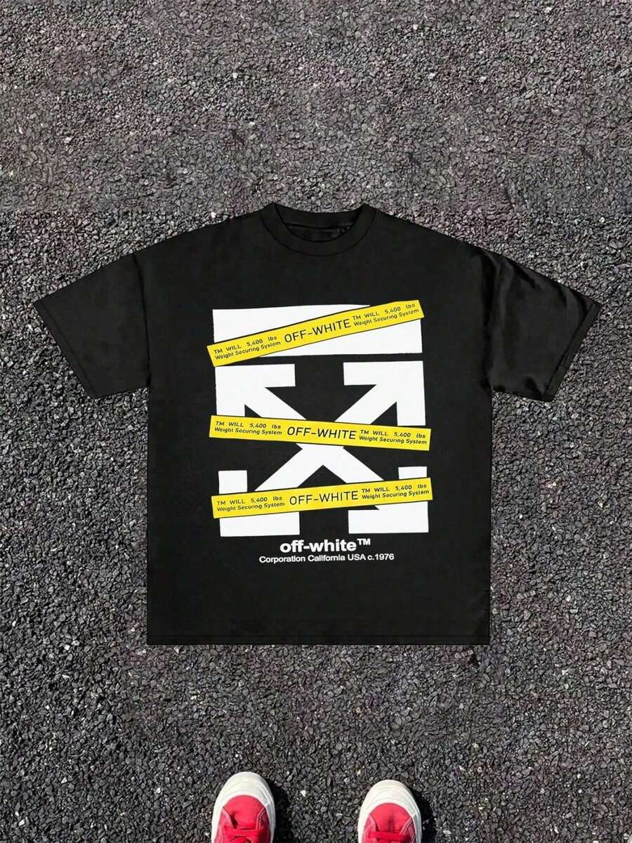 Men's Short Sleeve Casual Shirt, Urban Style Printed T-Shirt, Black And Yellow Arrow Design, Summer Look - 黑色 - 查看 1