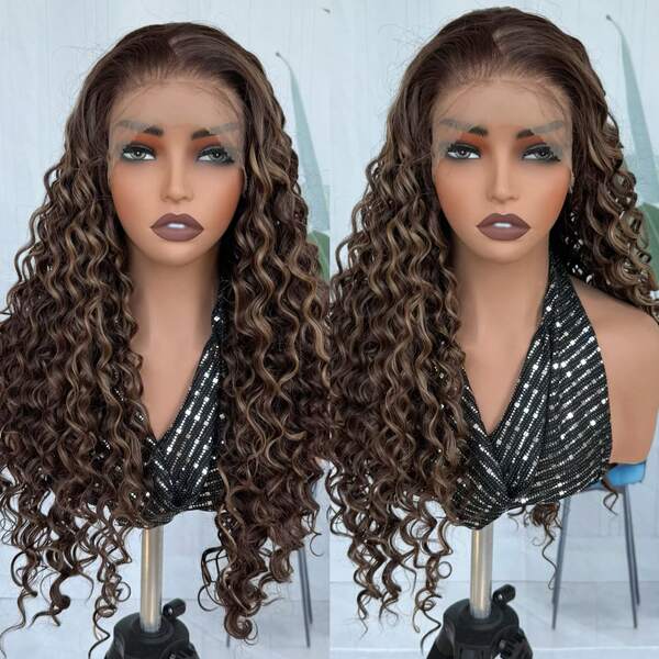 13*6 Swiss Lace Front Wavy Curly Wig, 26 Inch Medium Length, No Glue Pre-Plucked With Baby Hair, Middle Part, Suitable For Daily Wear, Party, High-Definition Lace Synthetic High Temperature Fiber Wig, Full Head Set For Women