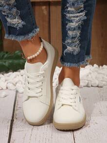 1 Pair Breathable Lace-Up Casual Sneakers, White Shoes For Girl, Spring/Summer/Autumn, 2025 New Fashion Unisex Sports Trainers, Suitable For Casual Wear - Beige - View 2