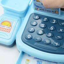 Tecforood 1 Mini Simulated Cash Register Toy With Light Blue As The Main Color And Printed With Cute Patterns Such As Fruits. It Has A Cute Supermarket Style, High-Quality Plastic Material, And Restores The Shape Of A Real Cash Register (Including Rich Details Such As Calculator And Card Reader), The Basic Model Has No Sound Function