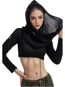 Women Knitted Hoodie Sweater Vest Sleeveless Hollow Out Hooded Crop Top Streetwear Rave Oufit - X黑色長袖 - 查看 3