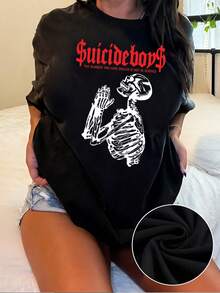 Elegante camiseta gráfica para mujer con estampado de esqueleto, moderna camiseta de manga corta con cuello redondo, tela suave y cómoda, diseño de patrón único, perfecta para uso diario y salidas informales. - Negro - Ver 1
