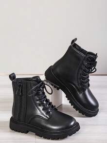 1 Pair Children's Outdoor Sport Boots With Side Zipper, Lace-Up, Anti-Slip, Suitable For School And Commute, Autumn/Winter - Black - View 6