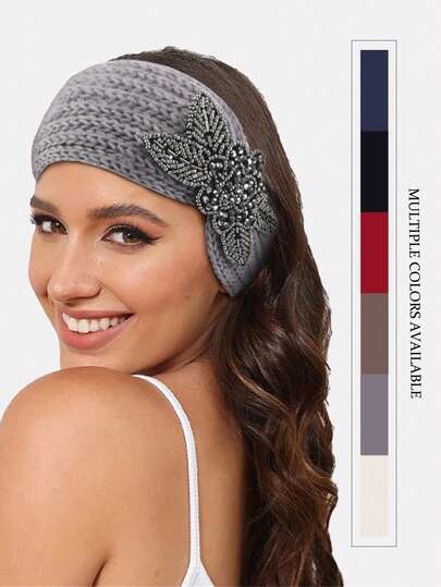1pc Women's Solid Color Fashionable Headband, Beaded Flower Decor Knitted Headband, Handmade Crochet Hair Band Suitable For Daily Use Spring Hair Accessories