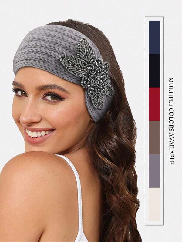 1pc Women's Solid Color Fashionable Headband, Beaded Flower Decor Knitted Headband, Handmade Crochet Hair Band Suitable For Daily Use Spring Hair Accessories