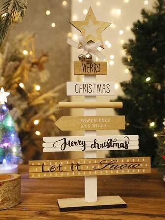 1件装木制圣诞树装饰品，圣诞桌面摆件，印有“圣诞快乐”、“北极1000英里”、“下雪吧”、“非常快乐的圣诞”字样，圣诞树造型中心装饰品，家居圣诞装饰，节日派对装饰，送给家人的圣诞礼物
