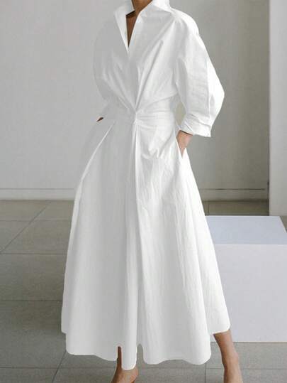 Unadoll Women's Shirt Collar With Long Sleeves, Waist Cinched And Folded, Elegant All White Dress, Suitable For Dates And Vacations, Back To School,Christmas