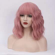 Short Wavy Curly Wig Lovely Pink Bangs Wig Women Cosplay Halloween Wigs Heat Resistant Party Wig (Lovely Pink) - Dark Blue - View 4