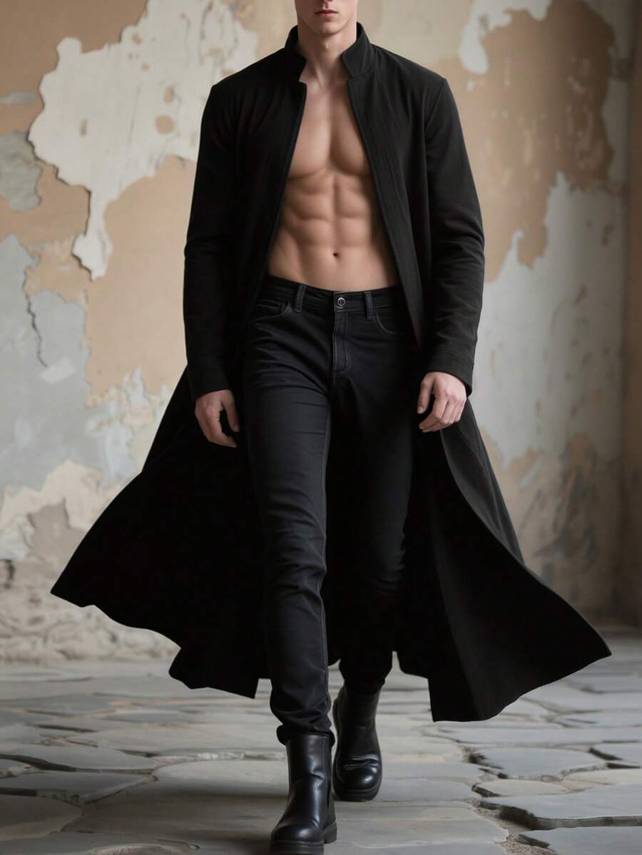 INCERUN Mens Stand Collar Open Front Long Sleeve Casual Solid Jacket Coat Fall Long Cardigans - 黑色 - 查看 1