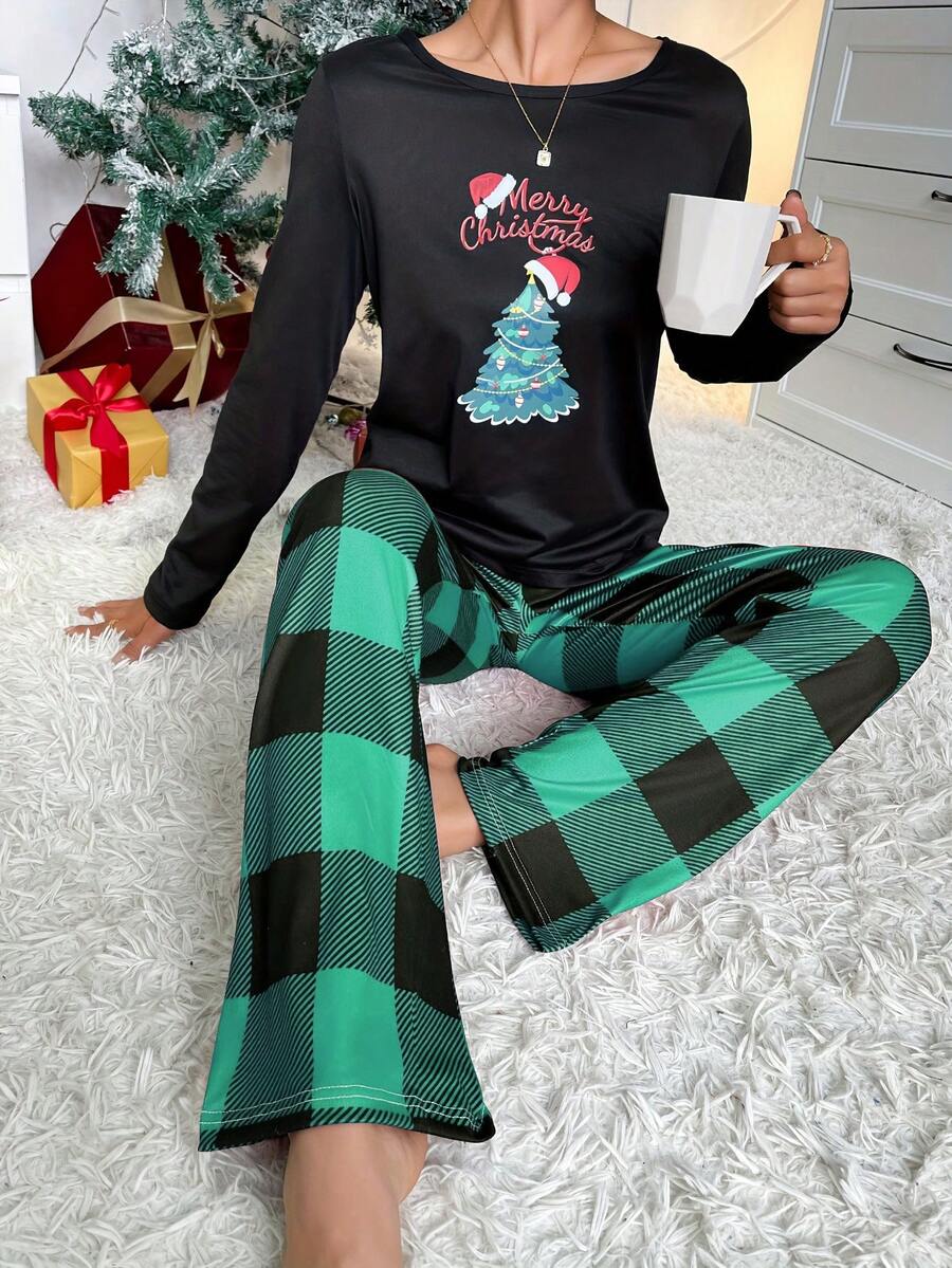 2pcs Christmas Letter & Christmas Tree Print Long Sleeve Top + Plaid Print Pants Pajama Set, Winter Clothes - Multicolor - View 1