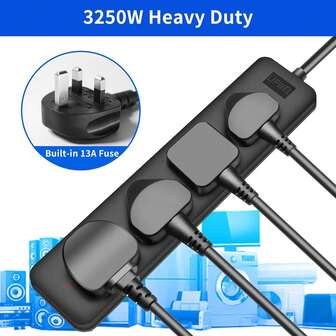 LIPWEL British Minimalist Style Extension Cable 39 Inches/71 Inches/118 Inches/197 Inches Long Extension Cable 4-Way Power Board Fireproof Power Socket Black Extension Cable 3250W Multi Plug, Safety Fire-Proof Multi-Plug With Wall-Hanging Hole Wall-Mounted ,Plug PC Flame-Retardant Material, Soft Power Light, Suitable For Home, Office And Garden. Extension Cord Power Socket