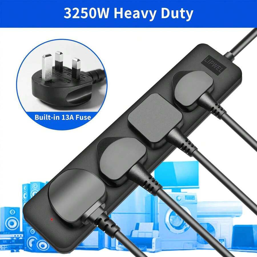 LIPWEL British Minimalist Style Extension Cord, 39"/71"/118"/197" Length Options, 4-Outlet Power Strip, Fire-Resistant Power Socket, Black, 3250W Multi-Function Plug, And Fire-Resistant, With Wall Mounting Holes, Wall-Mountable, Plug Made Of Flame-Retardant PC Material, Soft Power Indicator Light, Suitable For Home, Office And Garden. Extension Cord Power Strip - UK Plug(220-240V) - View 1