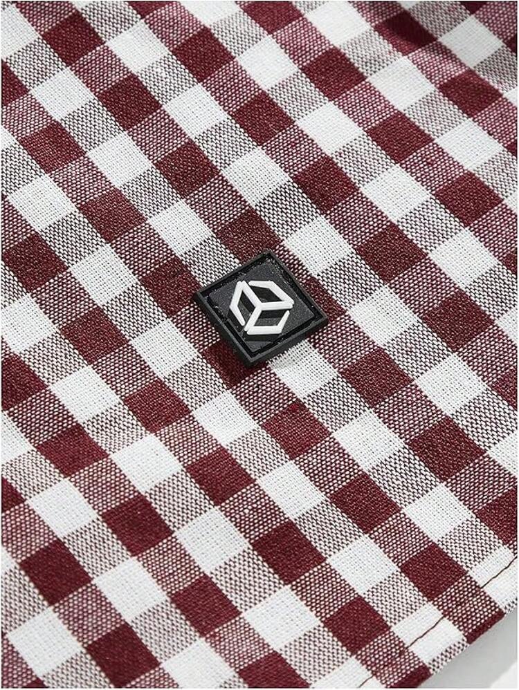 Men's Plaid Shirts Gingham Short Sleeve Button Down Crop Tee Topshalloween - Gingham đỏ - Xem 3